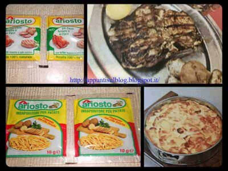 Ariosto bustine di aromi per cucina, bistecca alla griglia, pizza con formaggio e pomodoro, ingredienti per ricette italiane, scena di cibo e cucina fatta in casa.