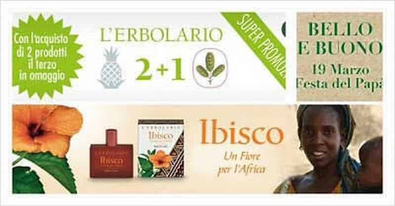 Erbolario, ricette antiche per la pelle 2 Profumo di Ibiza e di Africa, con prodotti naturali per il benessere, promozione speciale 2+1, Festa del Papà, e offerte di erboristeria con immagini di frutta e un sorriso di una donna africana.