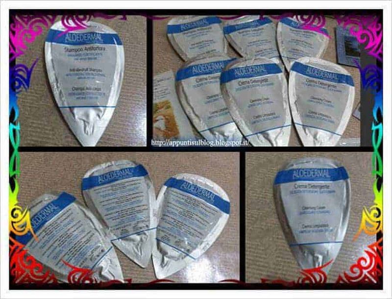 Erbolario, ricette antiche per la pelle 4 Schampoo dermatologico in bustine di gel crema, confezionato per trattamenti specifici della pelle, presentato in varie confezioni con etichette blu e testo descrittivo.