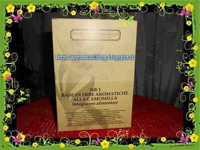 Erbe aromatiche e camomilla in bustina di infusione alimentare su sfondo nero, con bordo decorativo floreale colorato, immagine promozionale per prodotti naturali e tisane aromatiche.