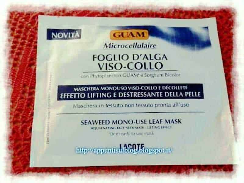 Maschera viso-alga Guam, effetto lifting e detox, maschera monouso in tessuto non tessuto, trattamento skincare, maschera detox pelle, prodotto cosmetico per viso, cura della pelle, bellezza naturale, appunti sul blog, recensione skincare.