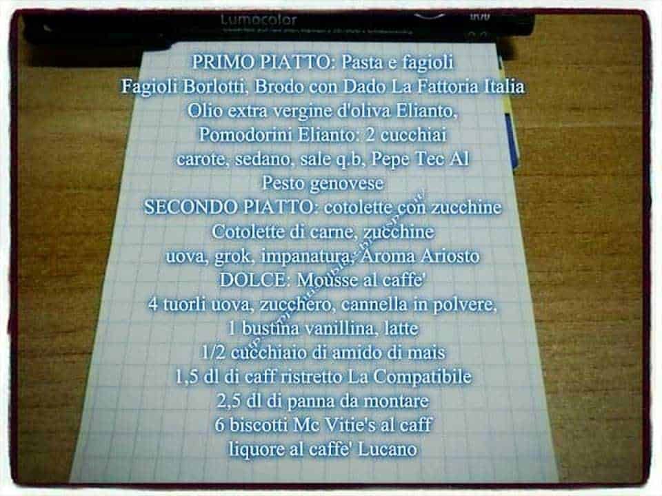 Menu casalingo: Menu del Giovedì: Pasta e fagioli, cotolette e mousse al caffè