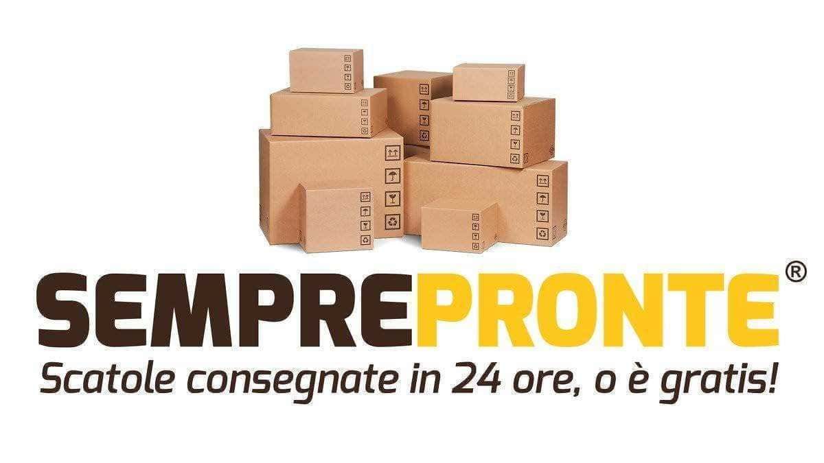 Imballaggi di cartone pronti per la consegna rapida con servizio di spedizione in 24 ore, offerta di scatole gratuite, soluzione efficiente per trasporti e logistica.