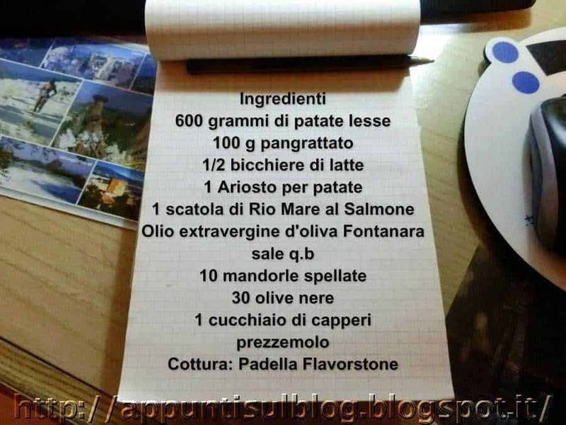 Rio mare: tortino di patate al salmone 2 Rio mare: tortino di patate al salmone. Patate lessate, ricetta con ingredienti come panna, latte e olive nere, perfetta per un piatto saporito, cotto sulla padella Flavorstone, ideale per appunti di cucina.