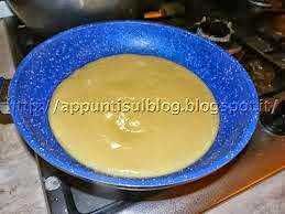 Forno con ciotola di tessuto blu che versa un impasto giallo cremoso in una cucina domestica.