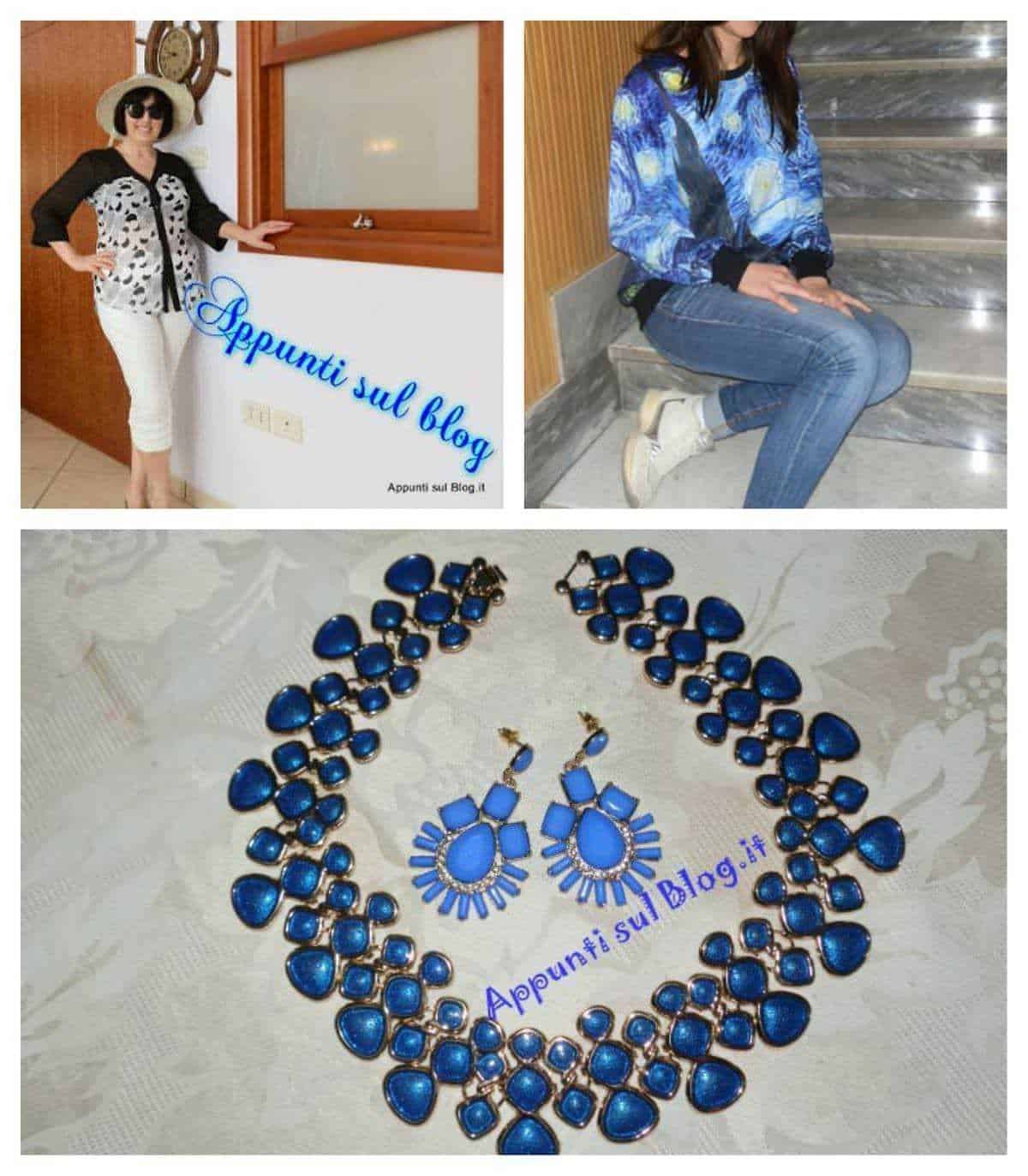 - Collage di foto con donne che indossano abiti colorati e accessori blu, con il logo "Appunti sul Blog" in evidenza, in un ambiente casalingo e informale.