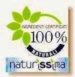 Foglia verde stilizzata con certificato di ingredienti naturali, simbolo di prodotti sani e biologici.