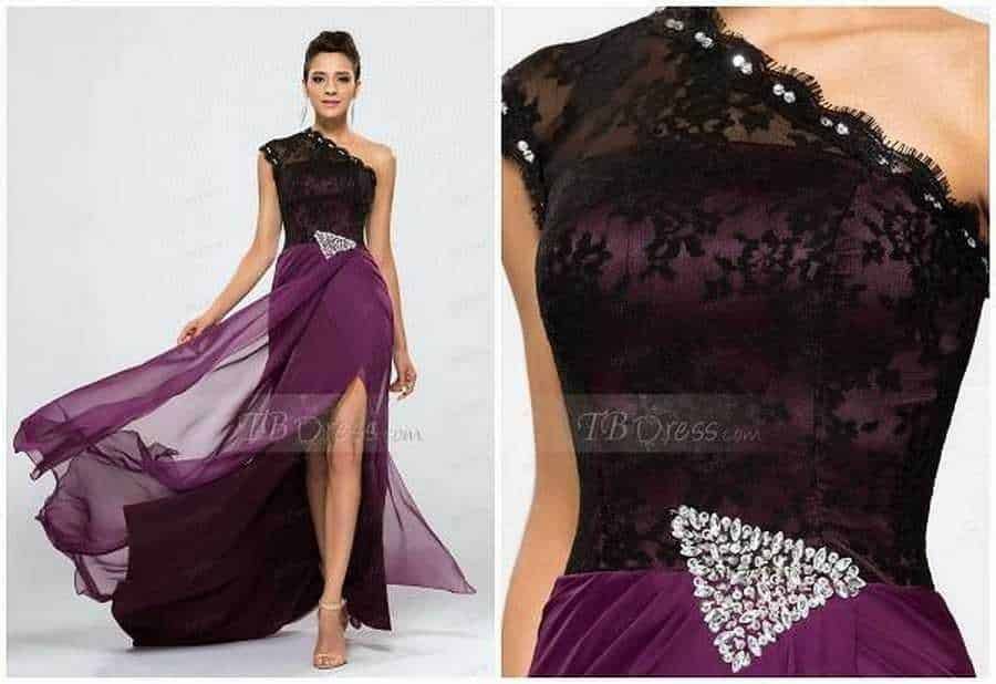 Elegante abito da sera con bodice in pizzo nero, gonna a strati in tonalità viola e dettagli di cristalli, perfetto per eventi formali e occasioni speciali.