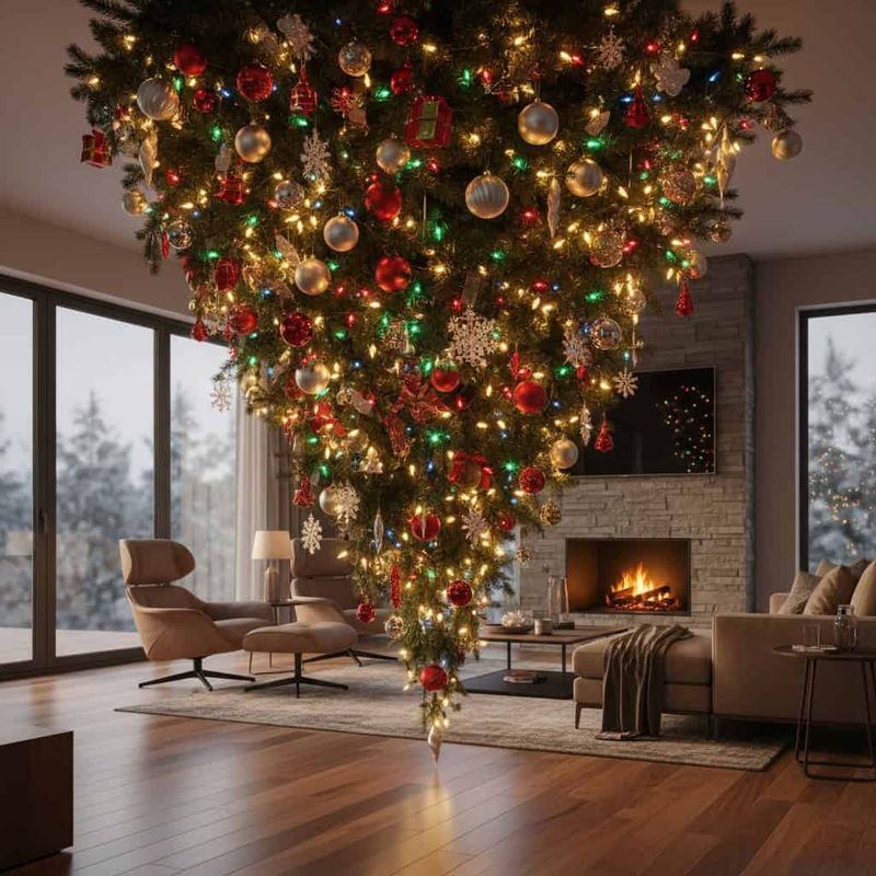Albero di Natale a testa in giù 2 Albero di natale capovolto: Albero di Natale, decorazioni festive, luci natalizie, soggiorno moderno, atmosfera calda, decorazioni di Natale, ambiente familiare, design elegante, atmosfera natalizia rilassante.
