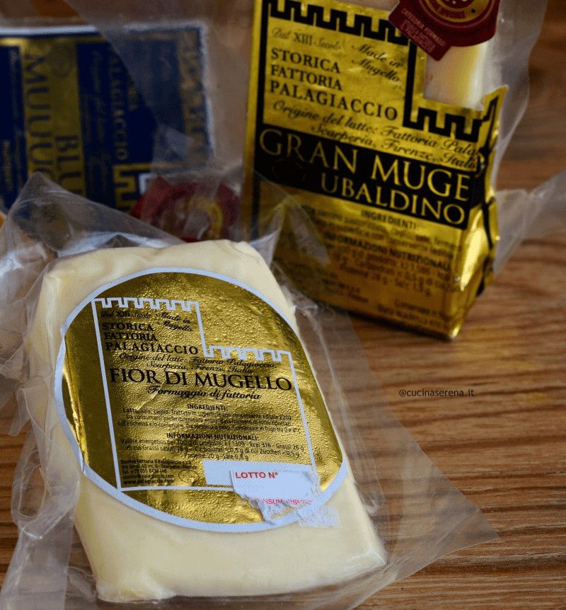 Frittata di maccheroni e Gran Mugello 3 Formaggio Fior di Mugello in confezione trasparente, con etichetta dorata e dettagli in nero, proveniente dalla storica fattoria Palagiaccio, ideale per piatti tradizionali italiani e ricette autentiche.