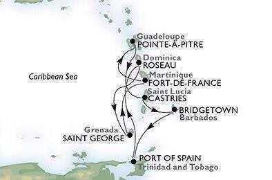 Guadeloupe punti di ingresso, rotte turistiche, mappe delle Isole dei Caraibi, parti della rotta tra Grenada, Saint George e Trinidad e Tobago.