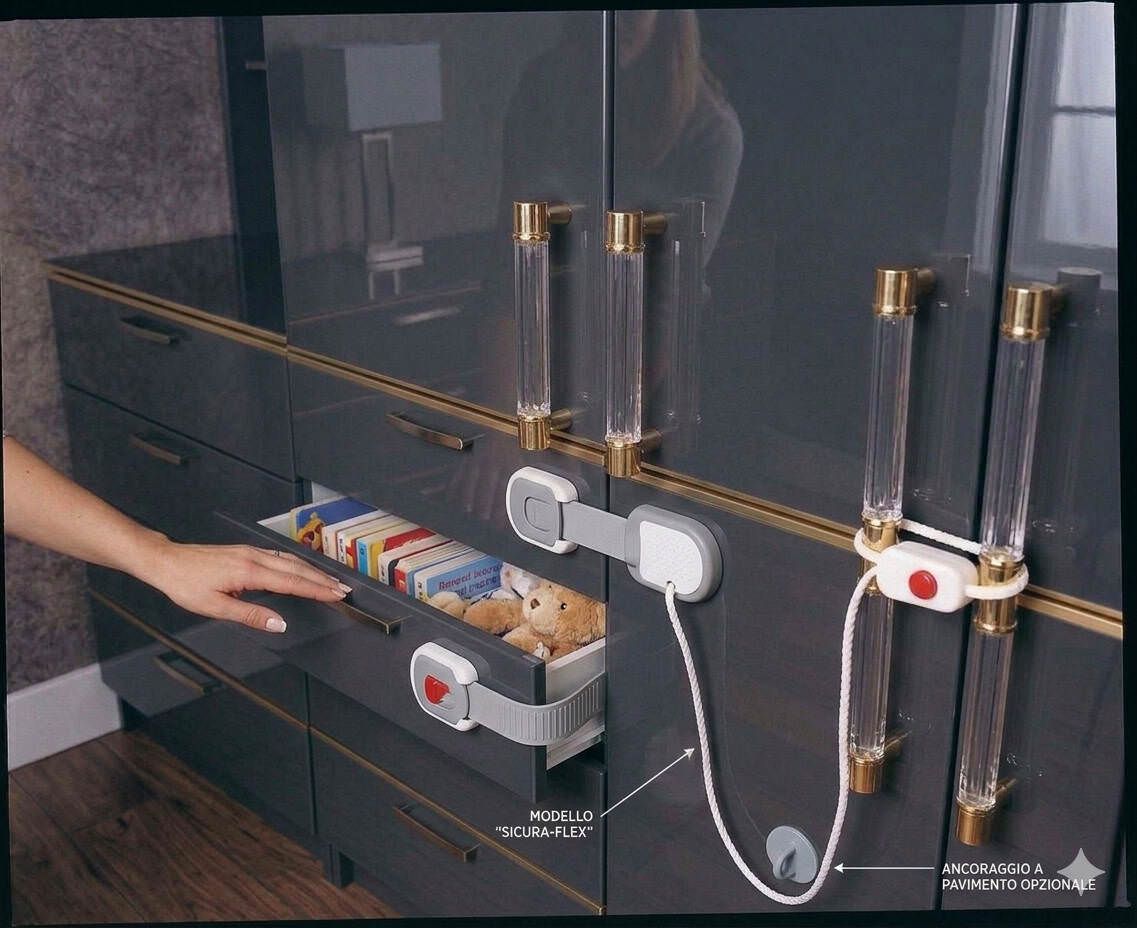 Sistema di blocco a laccio per ante di armadi, ideale per prevenire aperture accidentali e migliorare la sicurezza, con design discreto e facile da installare.