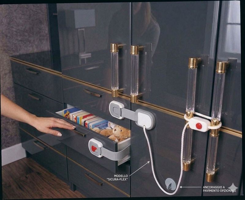 Brevi Blocca Armadi A Laccio, evita l'apertura ante 4 Sistema di blocco a laccio per ante di armadi, ideale per prevenire aperture accidentali e migliorare la sicurezza, con design discreto e facile da installare.