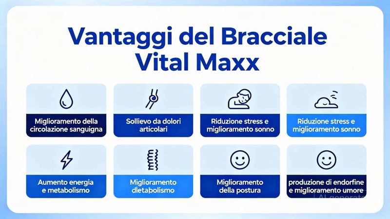 Bracciale Vital Maxx per benessere e stabilità 5 Infografica con i vantaggi del bracciale Vital Maxx in italiano. Include icone e testi: