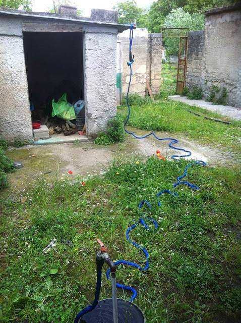 Tubo da irrigazione collegato a orto o giardino all'aperto, con bordo di un capannone in pietra, su terreno erboso e verde, illuminato dalla luce naturale.
