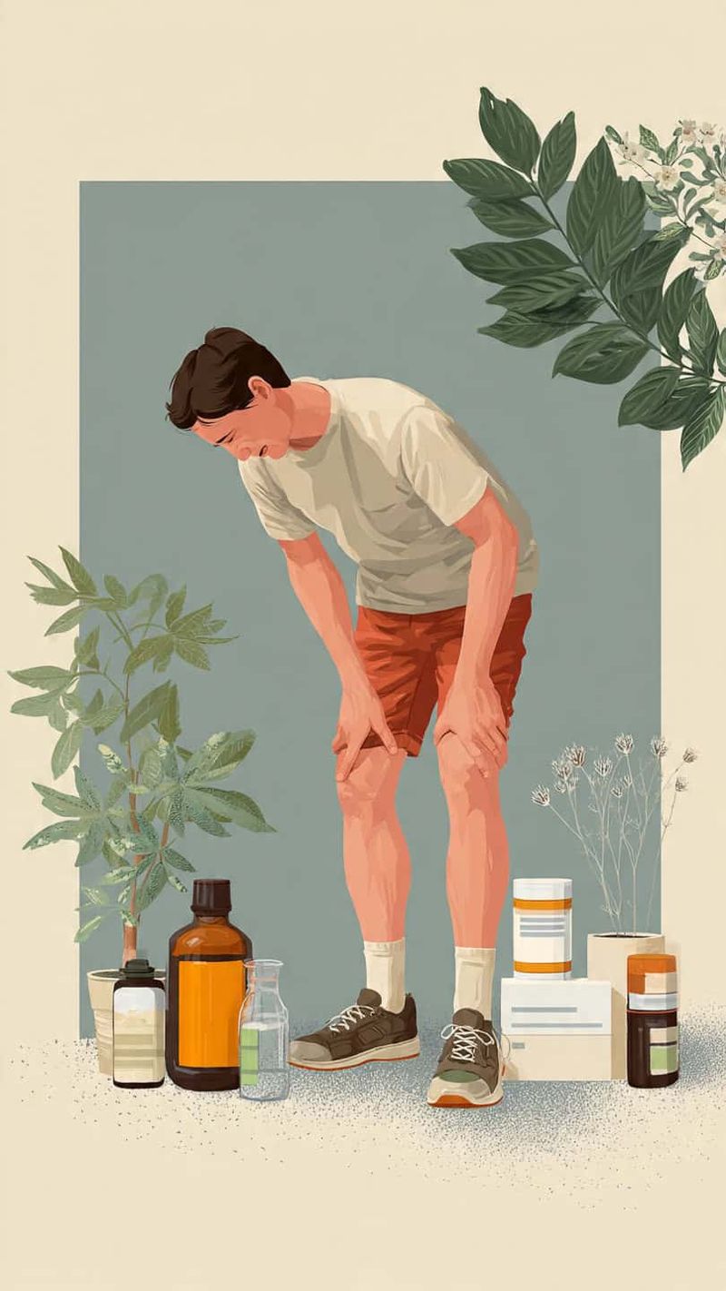 Tendinite come curarla con prodotti naturali 2 Tendinite come curarla con prodotti naturali. Uomo con dolore alle gambe, circondato da integratori e piante medicinali, rappresenta il bisogno di cura e riposo muscolare.