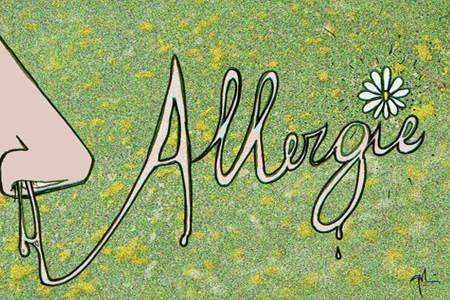Combattere l'allergia ai pollini in modo naturale 2 Allergia ai pollini: Un'illustrazione di un volto stilizzato che soffia su una parola, "Amore", con uno stile artistico e colorato, con sfondo verde e dettagli floreali.