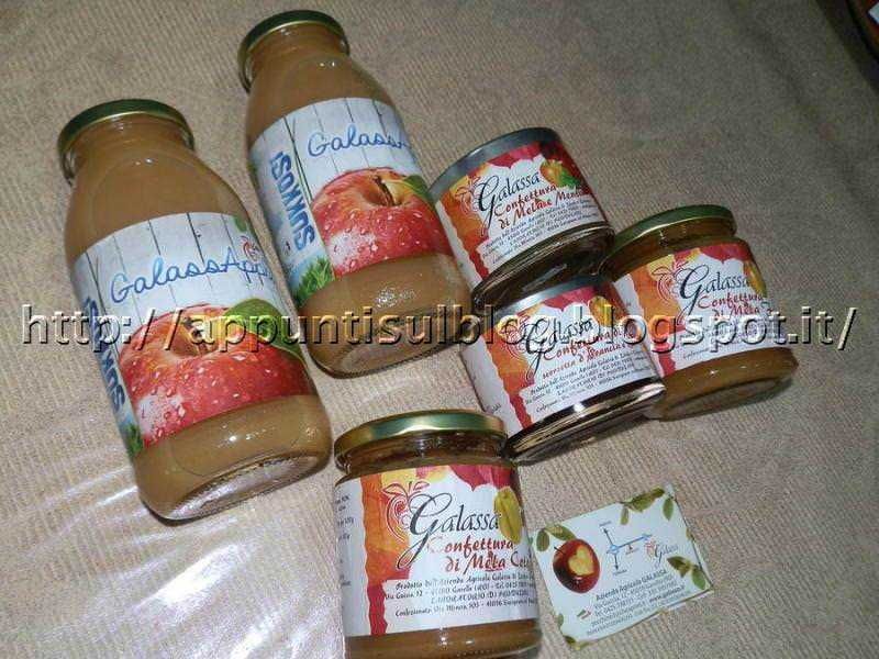 Marmellata di mele e pesche fatta in casa con croccante mela rossa su piatto decorativo, conserve di frutta in vasetti e altra confettura su tavolo di tessuto.