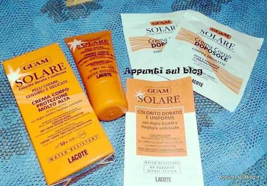 GUAM SOLARE crema doposole per pelle sensibile e delicata, protezione alta SPF 50+ resistente all'acqua, con alghe Guam e Perphira umbilicalis.