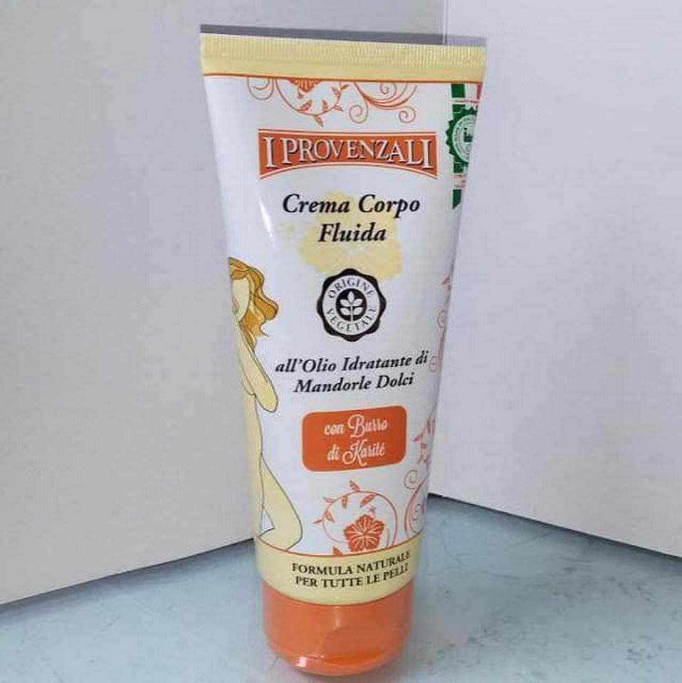 Crema corpo idratante con olio di mandorle dolci e burro di cacao per la cura della pelle, ideale per tutte le pelli, formato fluido e naturale.
