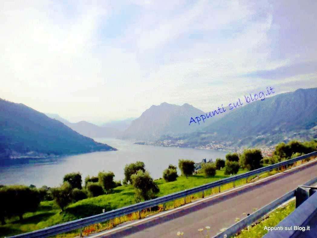 Lago di Iseo con montagne verdi e cielo soleggiato, vista panoramica sull'acqua e le colline, ideale per relax e fotografia