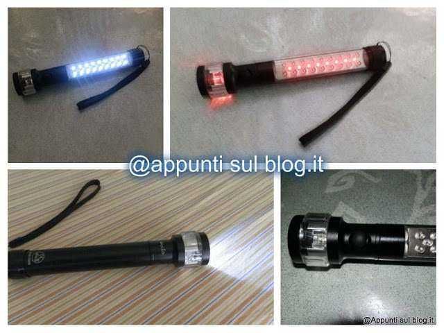 Torcia portatile LED ricaricabile con luce blu e rossa, perfetta per emergenze e outdoor, con manico antiscivolo e laccio da polso per una presa sicura.