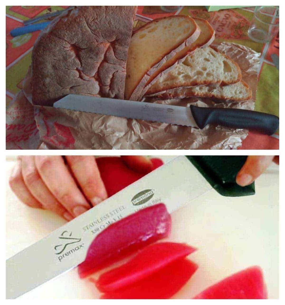 Pane rustico e affettati misti su tavolo, con coltello da cucina pronto per preparare un panino gustoso.
