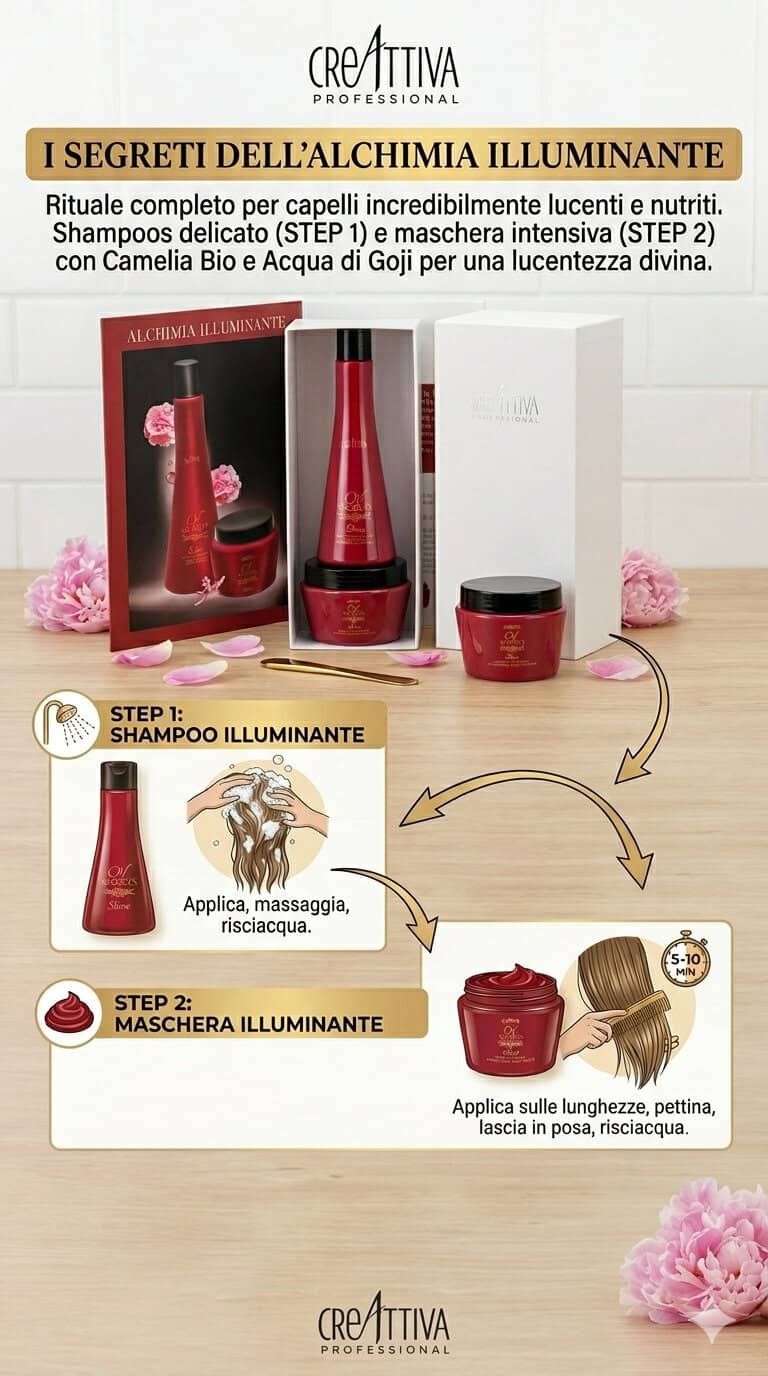 Creattiva Professional, capelli lucidi e morbidi come la seta 2 Kit di trattamenti illuminanti per capelli lucidi e morbidi, con shampoo delicato e maschera intensiva, ideale per un risultato professionale e brillante.