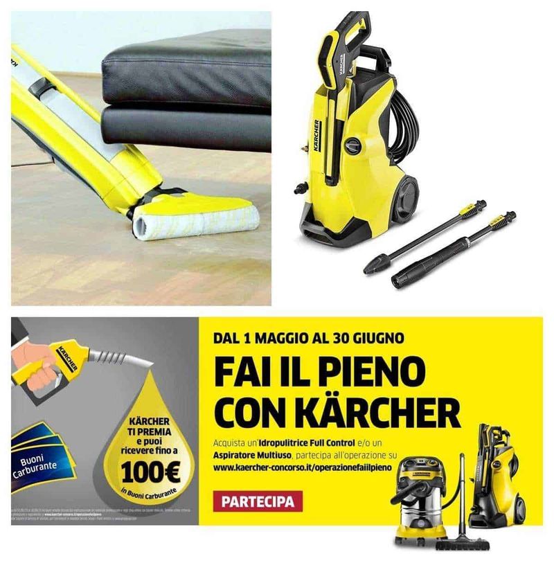Pulizia con idropulitrice Kärcher, strumenti per la pulizia e offerta speciale per carburante e aspirapolvere, promozione dal 1 maggio al 30 giugno, focus su prodotti per la manutenzione domestica.
