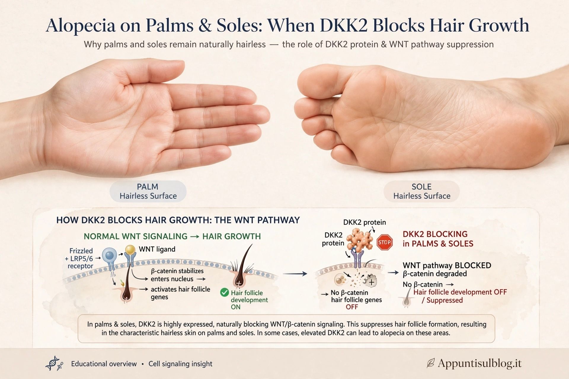 Alopecia su palmi e piante dei piedi: Alopecia su Palmi e Pianta Piedi: Perché Non Crescono Peli?. infografica alopecia palmi piante piedi DKK2 blocca via WNT