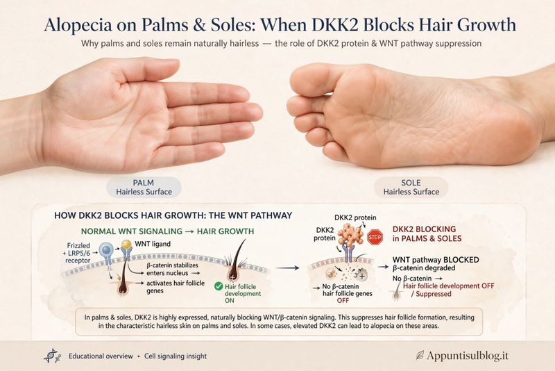 Alopecia su Palmi e Pianta Piedi: Perché Non Crescono Peli? 2 Alopecia su palmi e piante dei piedi: Alopecia su Palmi e Pianta Piedi: Perché Non Crescono Peli?. infografica alopecia palmi piante piedi DKK2 blocca via WNT