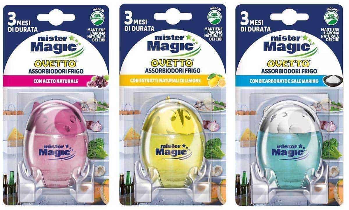 Assorbiodori frigo mister Magic vari colori con estratti naturali e aromi, igiene e freschezza garantite, durata di tre mesi, senza formaldeide o coloranti artificiali, per mantenere cibi freschi e profumati.