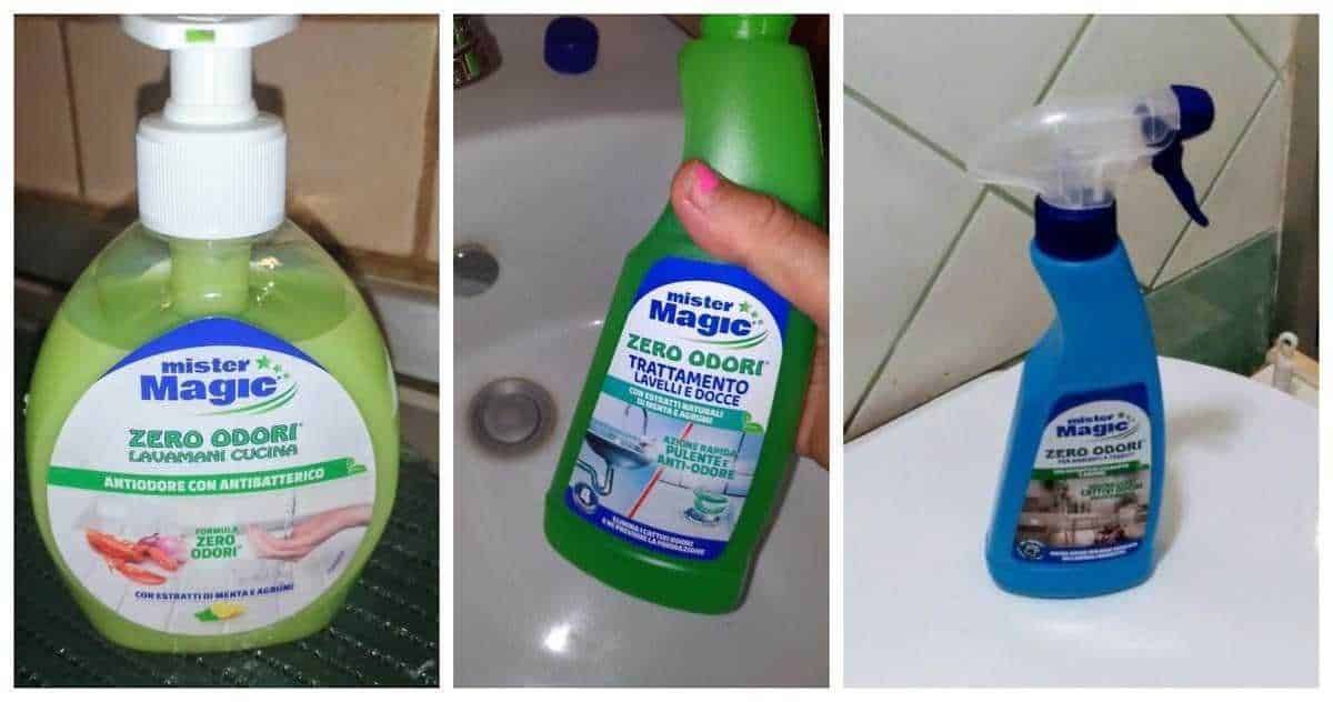 Detergente spray multiuso per eliminare odori e pulire superfici domestiche.