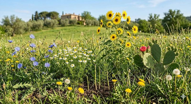 6 tipi di Erbe e semi commestibili selvatici 4 Vista di un campo con fiori selvatici e piante commestibili come la pianta di fico d'India, ideale per riconoscere erbe e semi selvatici commestibili.