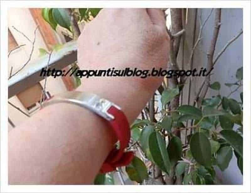 Balancer, il bracciale contro la pressione alta per salute ed equilibrio 3 Balancer bracciale della salute ed equilibrio. Bracciale rosso e argento indossato su un polso, con foglie verdi sullo sfondo e link di blog visibile sopra il polso.