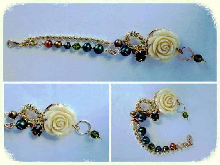 Bijoux Made in Italy per sentirsi speciale 2 Bracciale e orecchini con rose di pasta modellata, perline di vetro e cristalli, accessori di moda eleganti e raffinati per look femminili sofisticati.