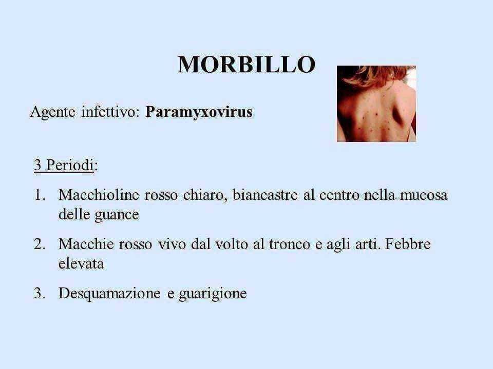 Eruzione cutanea con macchie rosse sul collo e sulla schiena, febbre elevata e altri sintomi di morbillo. 