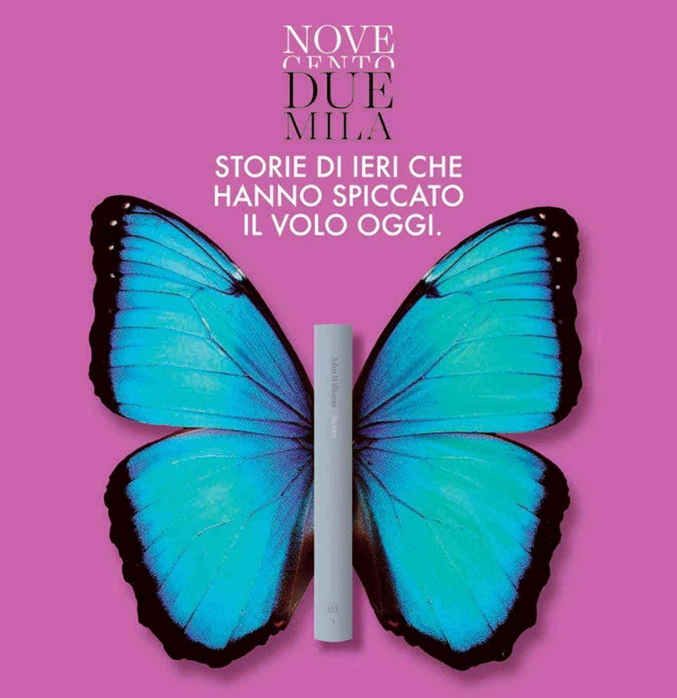 NOME CENTO DUE MILA, copertina di un libro con farfalla blu e testo sulla promozione di storie di ieri e oggi.