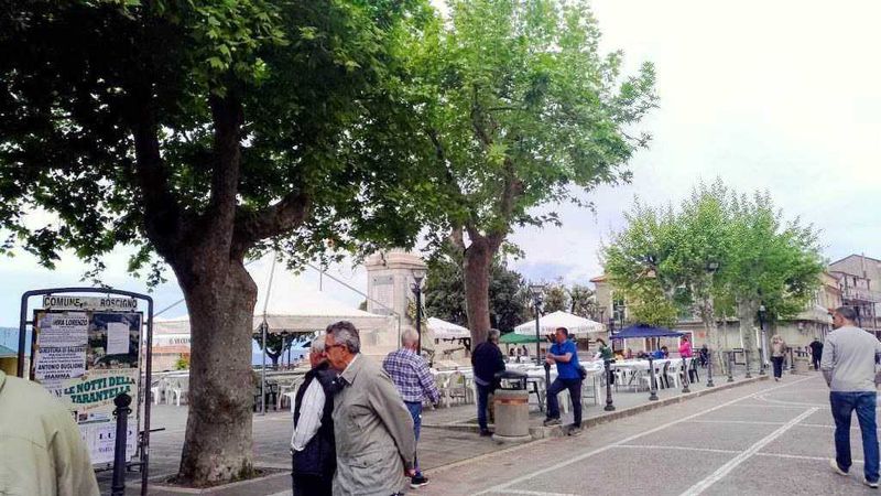 Roscigno, paese che cammina nel cuore del Cilento 2 Passeggiata nel centro di Rossano, con albero al centro e persone che si godono la domenica in un'atmosfera tranquilla e vivace, tra negozi e panchine.