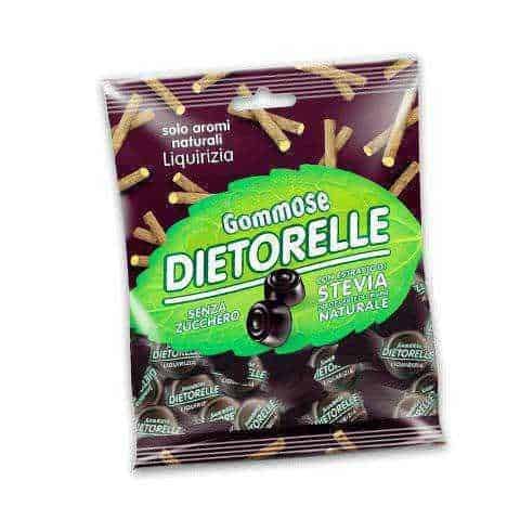 Caramelle senza zucchero con estratto di stevia: Gomma da masticare Dietorelle con stevia naturale, senza zucchero, aromi naturali e liquirizia, ideale per un sorriso fresco e salutare.