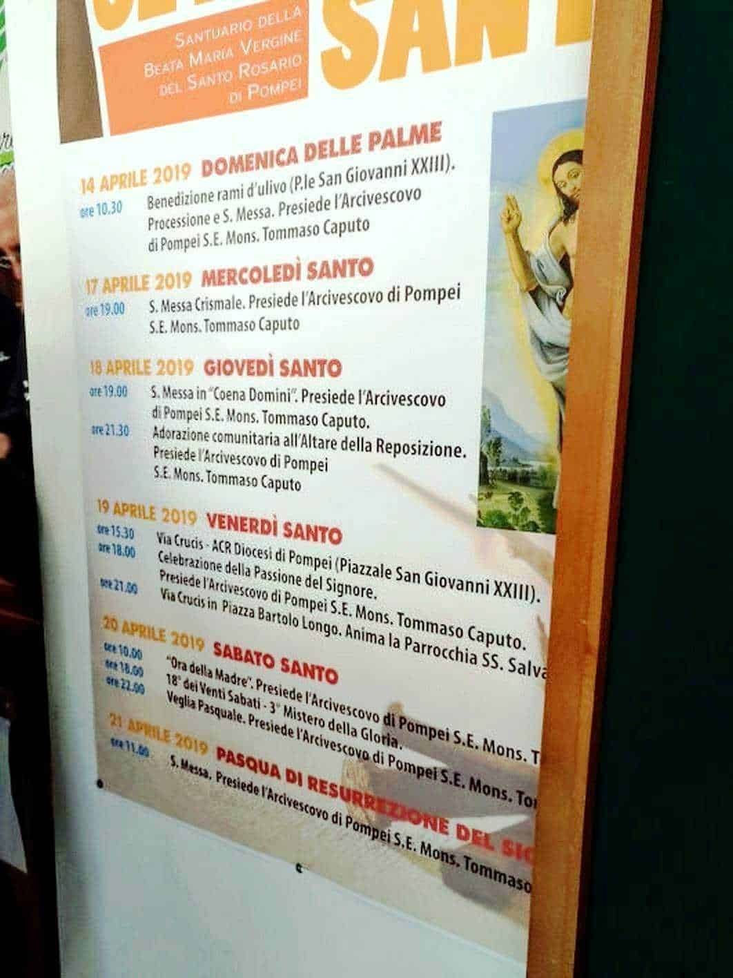 Preghiera e celebrazione religiosa per le festività pasquali a Pompei 2019