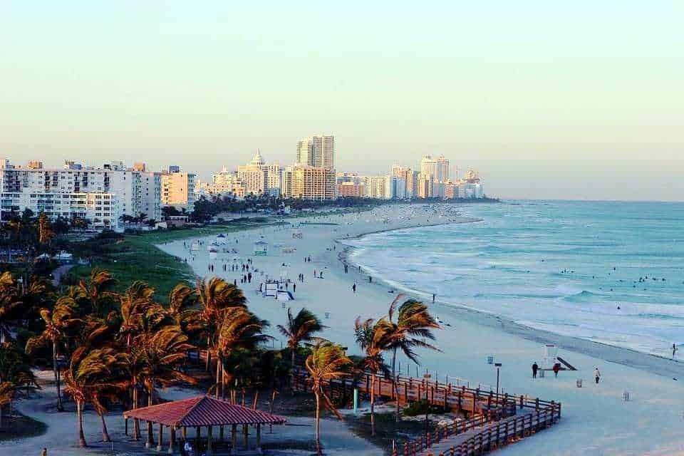 Voli di gabbiani sulla spiaggia di fronte a grattacieli e un casotto di salvataggio a Miami Beach, Florida.