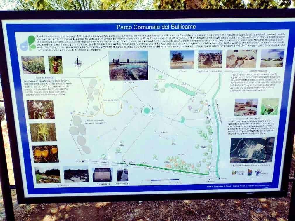 Parco del Bullicame a Viterbo con il cartello informativo della sorgente