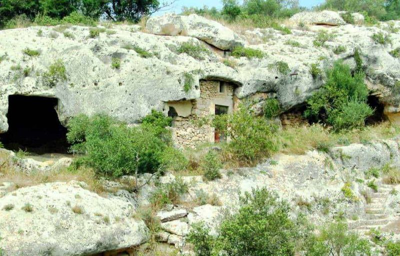 Parco Nazionale Alta Murgia: Dinosauri e ominidi 3 Antiche case troglodite scavate nella roccia, situate in un paesaggio naturale con vegetazione rigogliosa, testimonianze di insediamenti storici e architettonici in ambiente rurale.