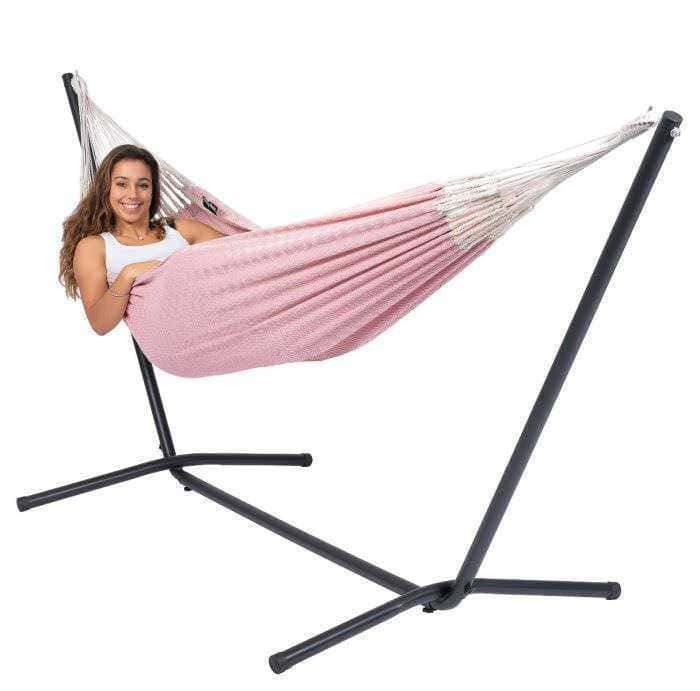 Relaxing hammock chair with stand, perfect for outdoor relaxation and leisure activities in your garden or patio. Stylish design with comfortable fabric for ultimate comfort.