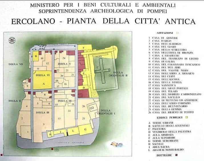 Ercolano antica pianta della città con insule storiche e edifici archeologici, rappresentazione dettagliata del piano urbano dell'antica città romana.