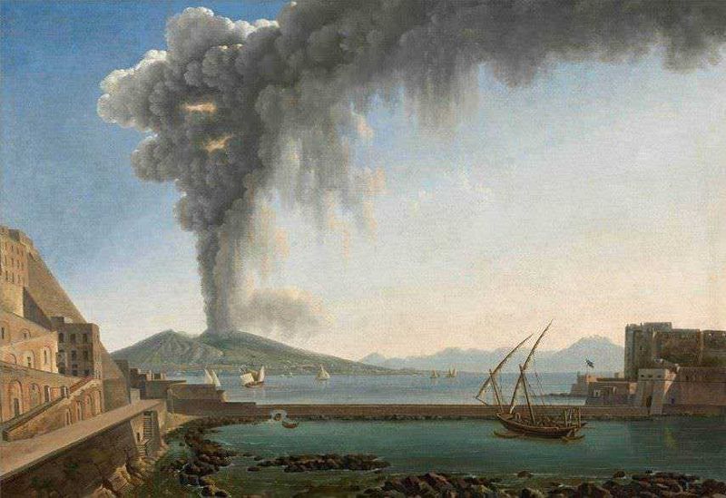 Eruzione del vesuvio 79 d.c.: Ricostruzione eruzione Vesuvio 79 d.C. Pompei Ercolano. Vulcano in eruzione con fumo nero e nuvole di cenere sopra un porto storico, con barche a vela e edifici antichi sul mare, scena suggestiva e spettacolare.