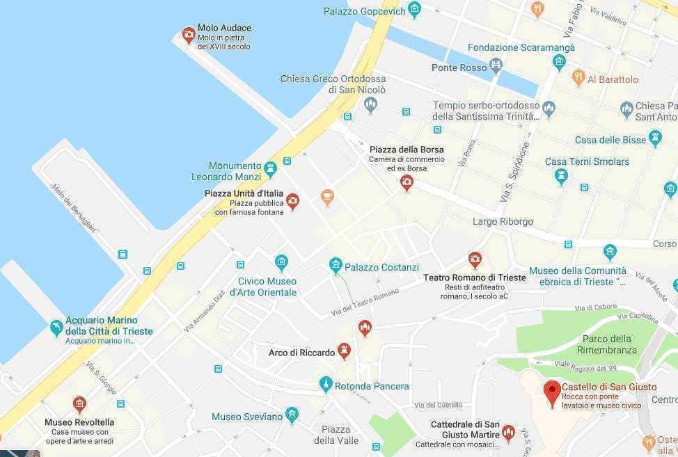 Mappa dei principali luoghi di interesse a Trieste, Italia, inclusi monumenti storici, musei e piazze, per visitare i principali punti turistici e culturali della città.