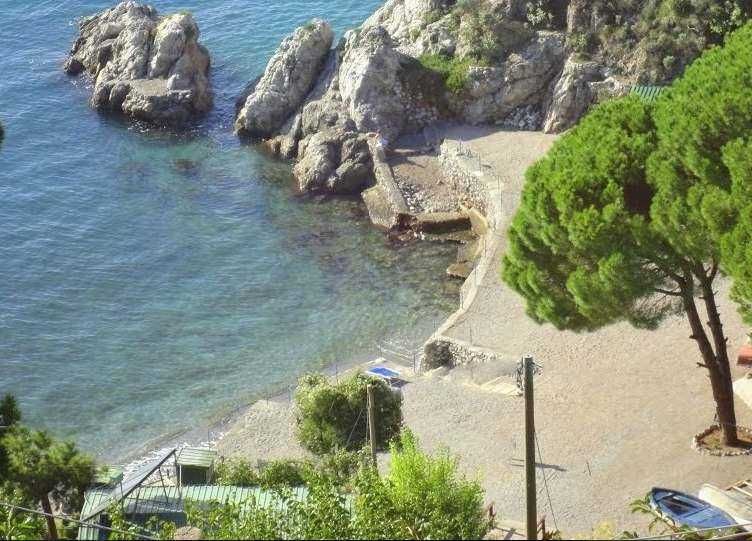 Spiagge della costiera amalfitana raggiungibili solo via mare: Spiaggia rocciosa sul mare con acque cristalline, circondata da cespugli e alberi verdi, con accesso alla spiaggia e vista panoramica sulle rocce e la costa.