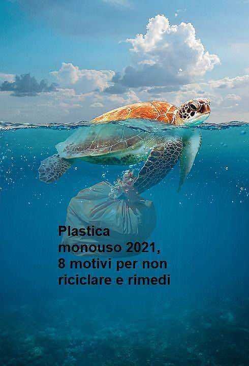 Bio plastica mare e tartaruga in acqua con sacco riciclato, esempio di smaltimento dei rifiuti e rispetto ambientale.